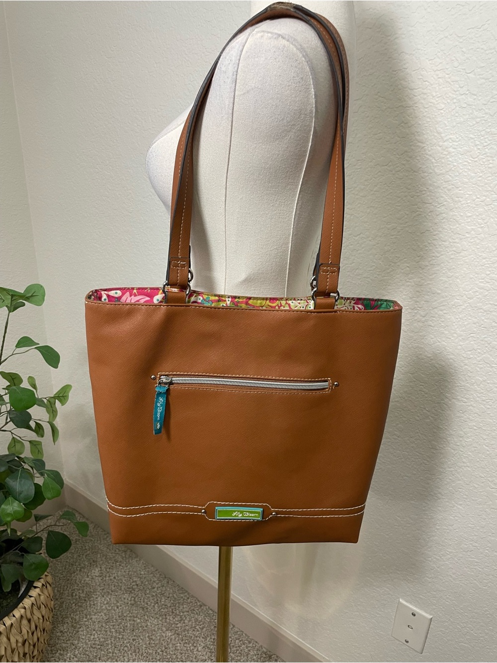 Lily Bloom Brown Faux Leather Tote Bag Floral Lined Shoulder Purse Zip Pocket